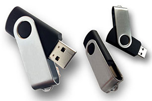Clé USB noire rotative avec des capacités de 1Go, 2Go, 4Go et 8Go.